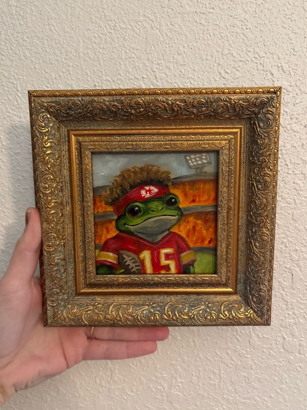 "Frog-rick Mahomes” Original oil painting on wood board mini framed 4x4"